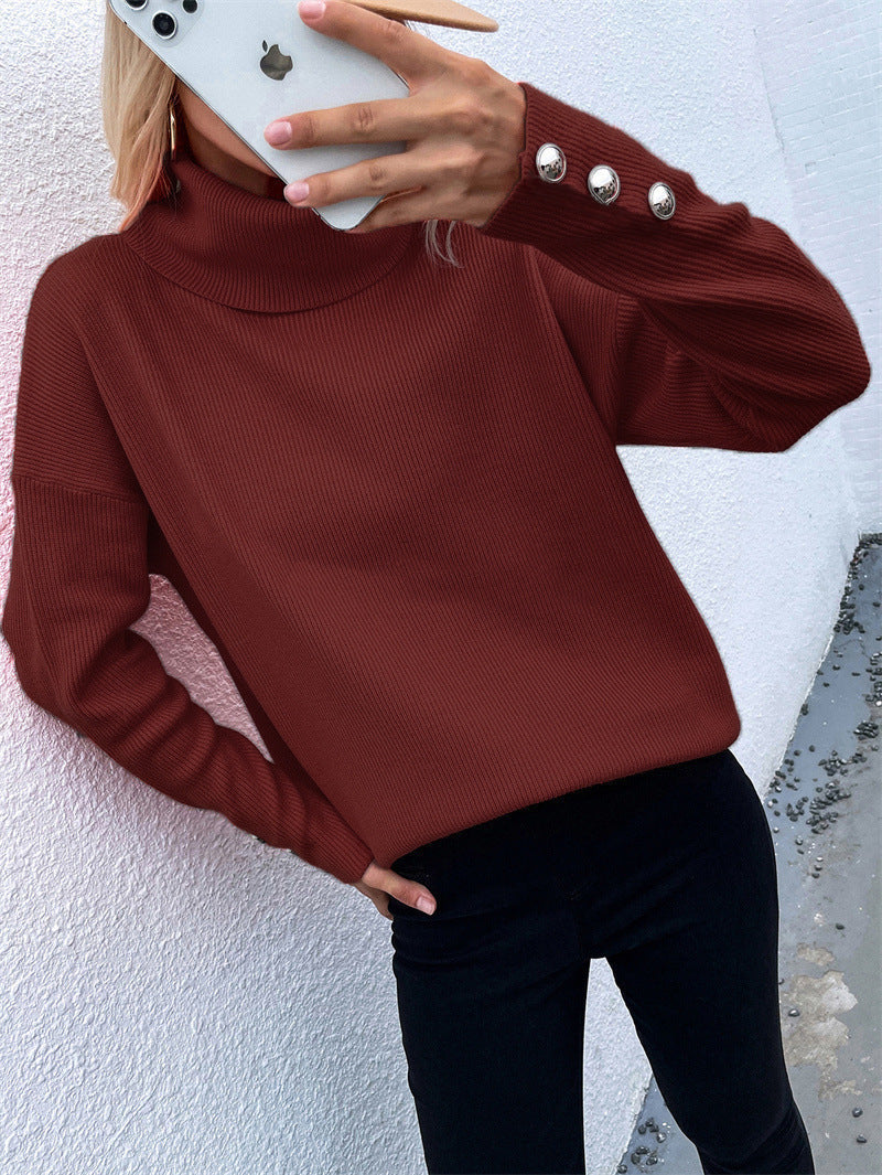 Button Cuffs Turtleneck Jumper For Women